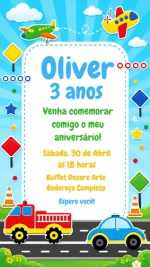 Convite de Aniversário Meios de Transporte Colorido para Editar