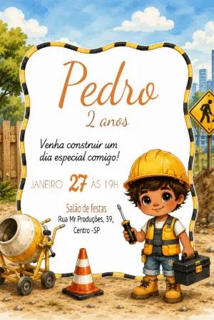Convite de Aniversário Infantil Tema Construção Editável