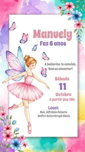 Convite Aniversário Bailarina Fada para Editar Online