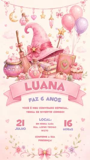 Convite de Aniversário Bruxinha Rosa Aquarela Editável