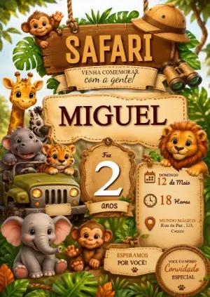 Convite de Aniversário Safari com Animais Fofo para Editar