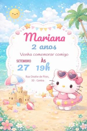 Convite de Aniversário Hello Kitty na Praia Modelo Editável