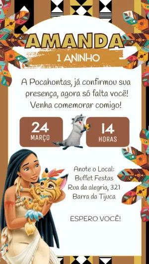 Convite de Aniversário Pocahontas Editável para Imprimir