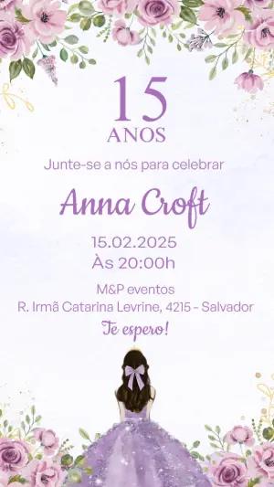 Convite 15 Anos Floral Lilás Princesa para Editar Online