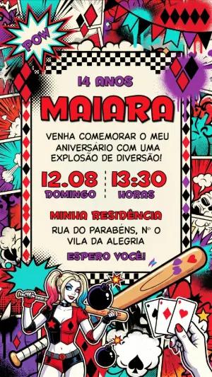 Convite de Aniversário Arlequina Estilo Quadrinhos Editável