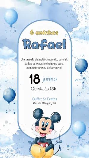 Convite de Aniversário Mickey Aquarela Azul para Editar
