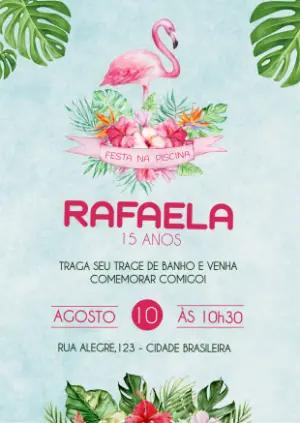Convite Aniversário Pool Party Tropical com Flamingo para Editar