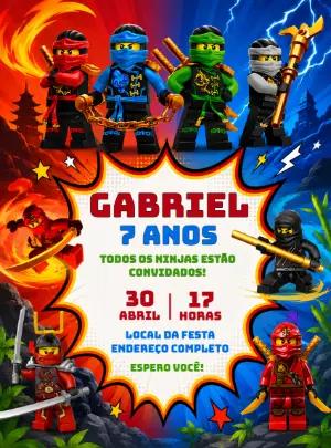 Convite de Aniversário Ninjago Colorido para Editar