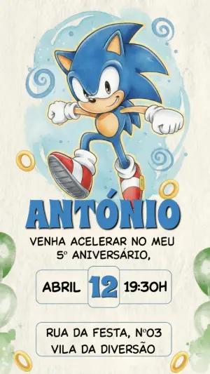 Convite Digital Sonic Editável para Festa Infantil Aquarela