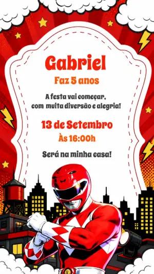 Convite de Aniversário Power Rangers Vermelho Editável