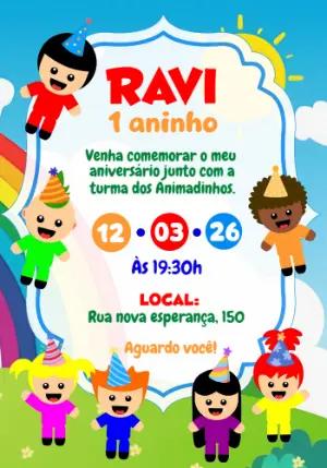Convite de Aniversário Infantil Animadinhos Colorido para Editar