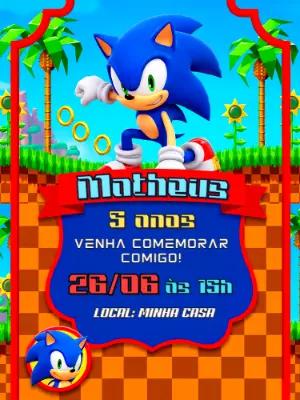 Convite Digital Sonic para Aniversário Infantil Editável