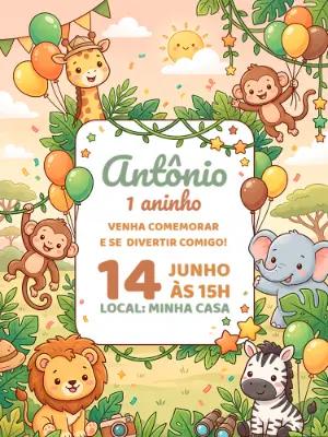 Convite de Aniversário Safari Baby Fofo para Editar