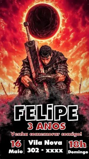 Convite de Aniversário Berserk com Guts | Modelo Editável