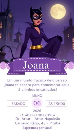 Convite de Aniversário Mulher-Gato Roxo para Editar Online