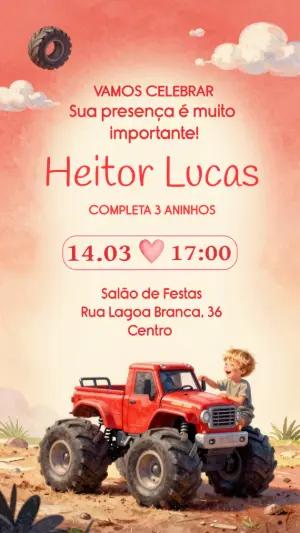 Convite de Aniversário Monster Truck Vermelho para Editar