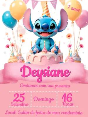 Convite Aniversário Stitch Fofo e Rosa para Editar Online