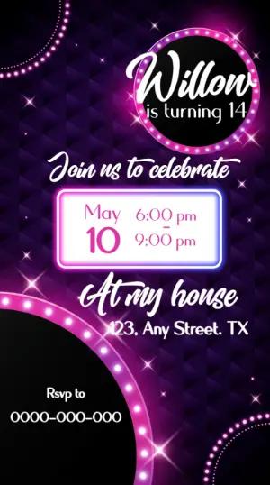 Purple Sparkle Neon Birthday Invitation Editable Template