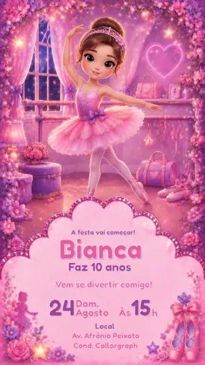 Convite Digital de Aniversário Bailarina Rosa e Lilás Editável