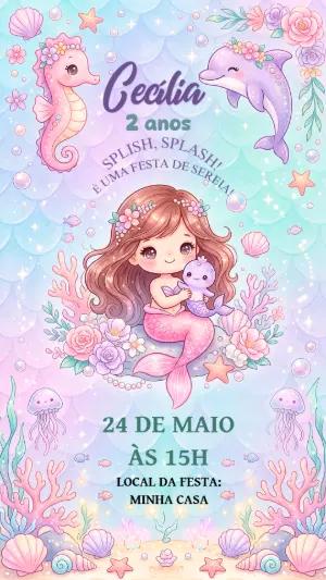 Convite Digital Sereia Infantil Aquarela para Editar