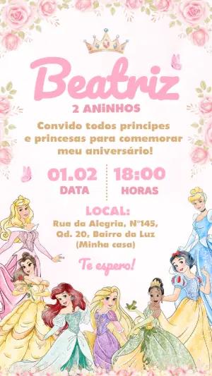 Convite de Aniversário Princesas Disney Rosa para Editar