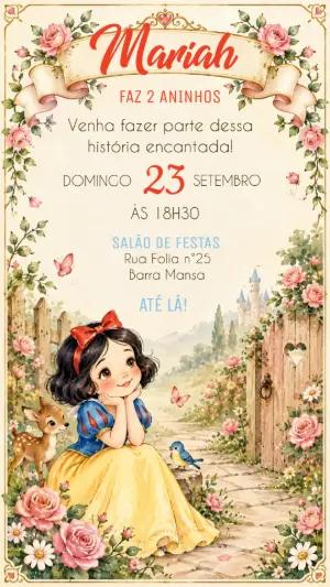 Convite de Aniversário Branca de Neve Aquarela Editável