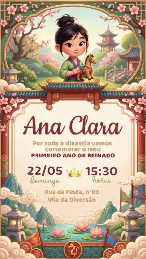 Convite de Aniversário Infantil Mulan Princesa Editável