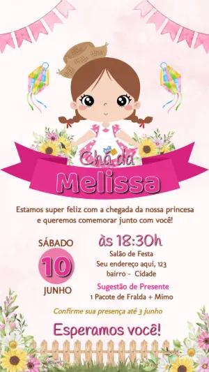 Convite Chá de Bebê Junino Menina Caipira para Editar Online