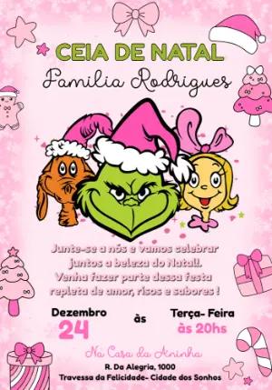 Convite Ceia de Natal Família Grinch Rosa Modelo Editável