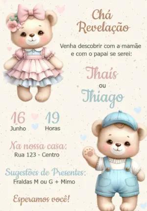 Convite Chá Revelação Ursinhos Fofos Rosa e Azul Editável
