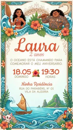 Convite de Aniversário Moana Tropical para Editar e Enviar
