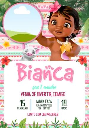 Convite de Aniversário Moana Baby Rosa Tropical para Editar
