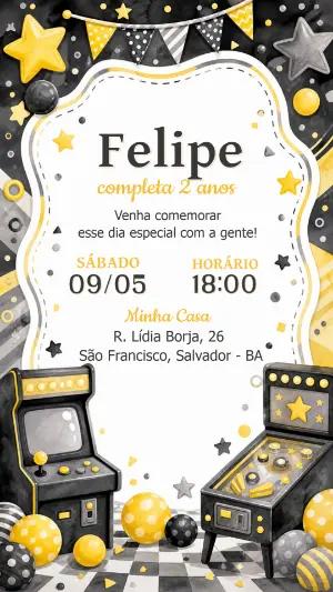 Convite de Aniversário Fliperama Retrô Editável Online