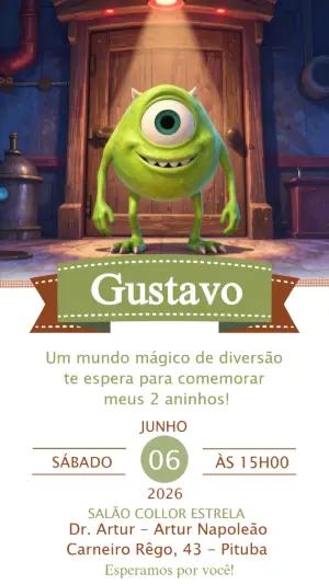 Convite de Aniversário Monstros S.A. Mike Wazowski Editável