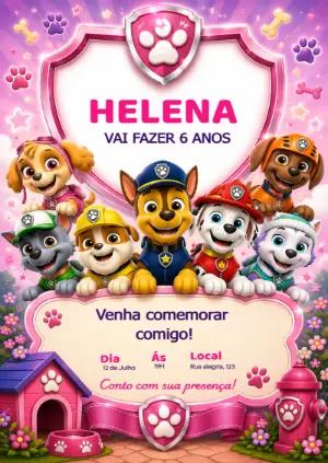 Convite Patrulha Canina Rosa para Aniversário Editável
