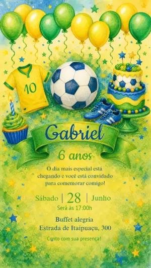 Convite Aniversário Futebol Brasil Aquarela Modelo Editável