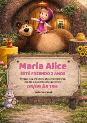 Convite de Aniversário Masha e o Urso Infantil para Editar
