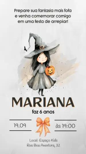 Convite de Aniversário Bruxinha Fofa em Aquarela para Editar