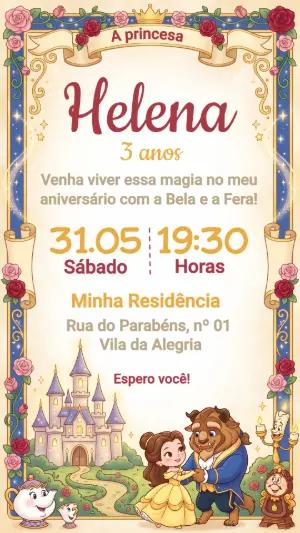 Convite Aniversário A Bela e a Fera Princesa Editável