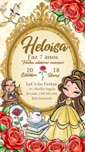 Convite de Aniversário Bela e a Fera Digital para Editar