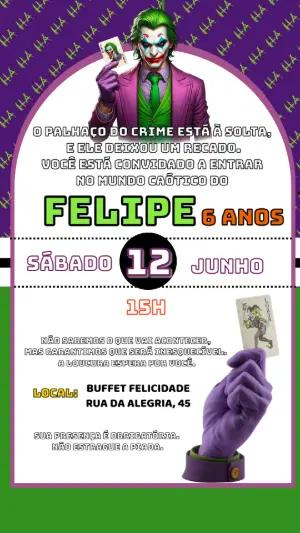 Convite de Aniversário Coringa Roxo e Verde para Editar Online