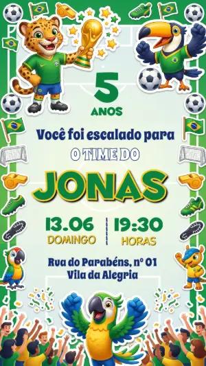 Convite de Aniversário Futebol Brasil com Mascotes Editável