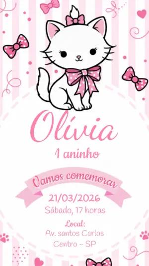 Convite Editável Aniversário Infantil Gatinha Fofa Rosa