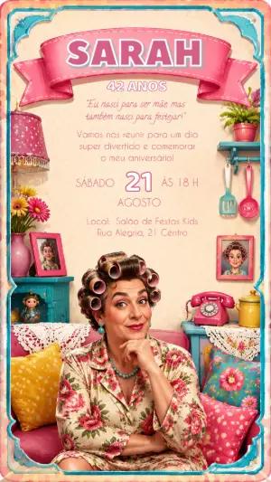 Convite de Aniversário Retrô Engraçado Dona de Casa Editável