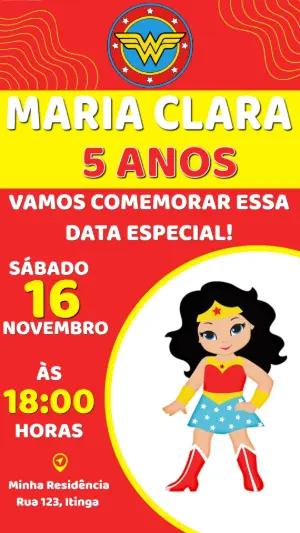 Convite Animado Mulher Maravilha: Aniversário Infantil Editável
