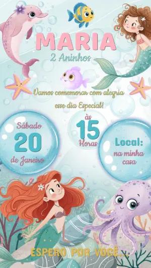 Convite Editável de Aniversário Sereia Fundo do Mar Infantil