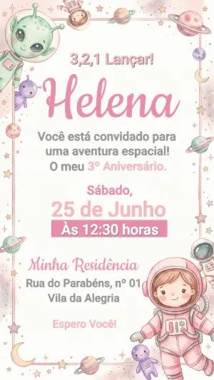 Convite de Aniversário Astronauta Menina Aquarela para Editar