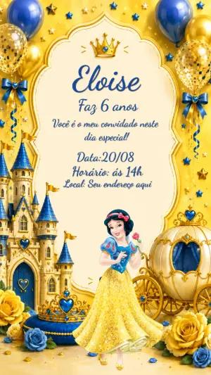 Convite Aniversário Branca de Neve Realeza Azul Editável