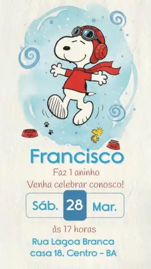 Convite de Aniversário Snoopy Aviador Aquarela para Editar
