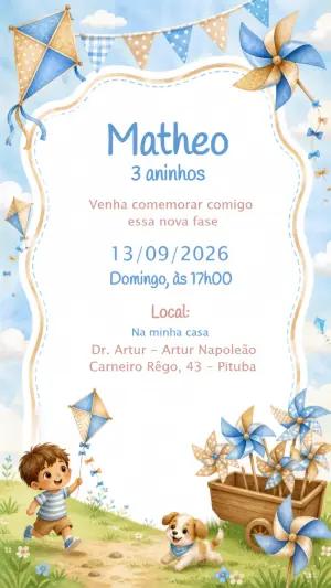Convite de Aniversário Pipa e Catavento para Editar